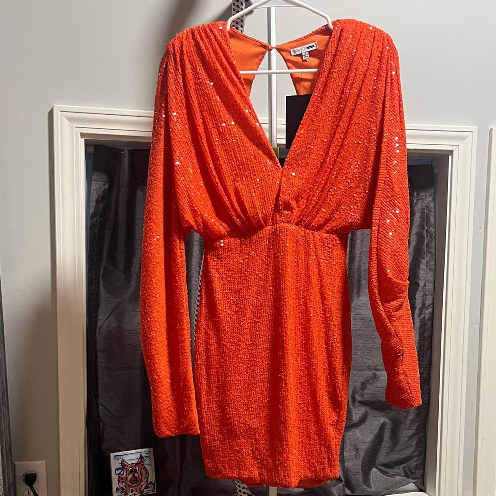 Fashion Nova Vibrant Orange Sequin Long Sleeve Dress